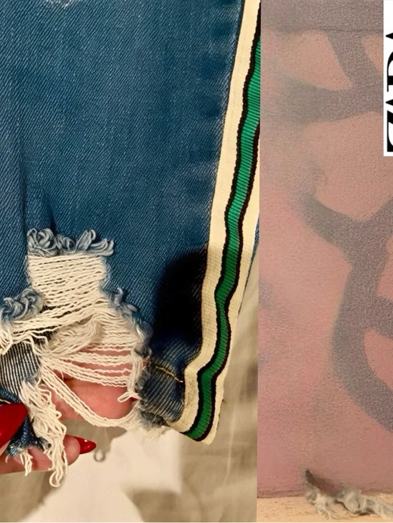 ZARA Women's  Blue Denim Jeans with Green Stripe - Picture 4 of 11